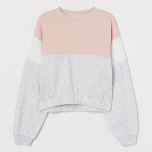 H&M Cropped Powder Pink Gray White Colorblock Dropped Shoulder Sweatshirt 10-12Y